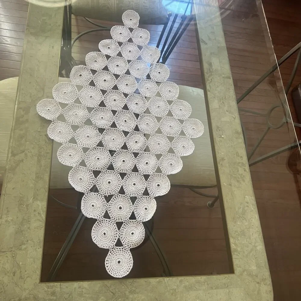 Vintage White Crochet Lace Table Runner Diamond Medallion Doily Handmade Boho